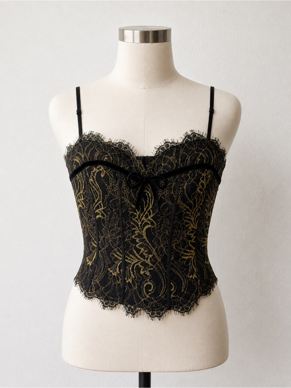 bebe Black Lace Corset Cami with Gold accents